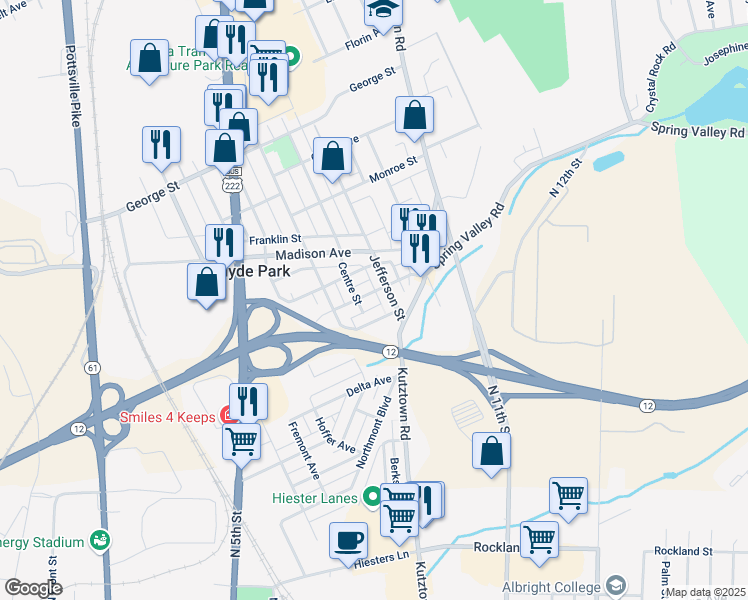 map of restaurants, bars, coffee shops, grocery stores, and more near 212 Jefferson Street in Reading