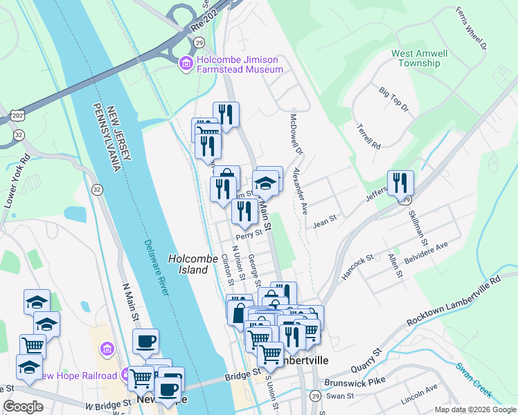map of restaurants, bars, coffee shops, grocery stores, and more near 60 Buttonwood Street in Lambertville