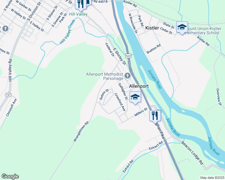 map of restaurants, bars, coffee shops, grocery stores, and more near 1st Street in Allenport