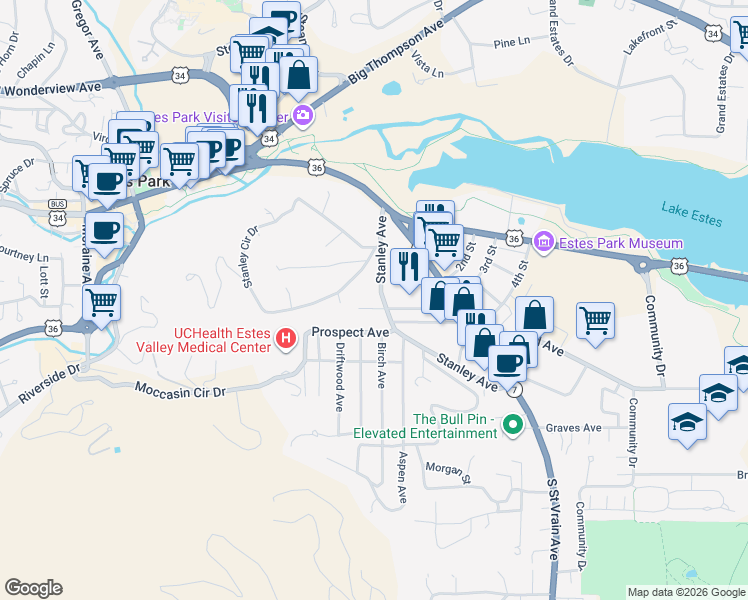 map of restaurants, bars, coffee shops, grocery stores, and more near 179 Stanley Circle Drive in Estes Park