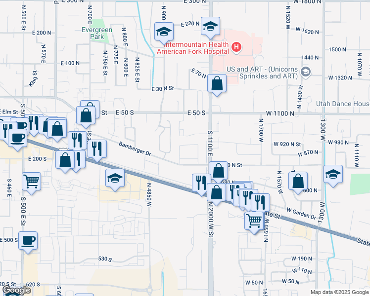 map of restaurants, bars, coffee shops, grocery stores, and more near 914 East 150 South in American Fork