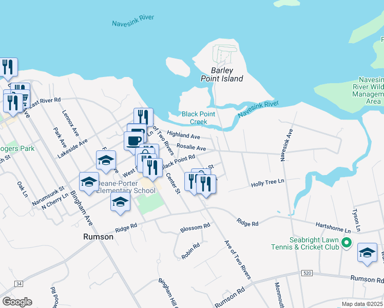 map of restaurants, bars, coffee shops, grocery stores, and more near 86 Black Point Road in Rumson