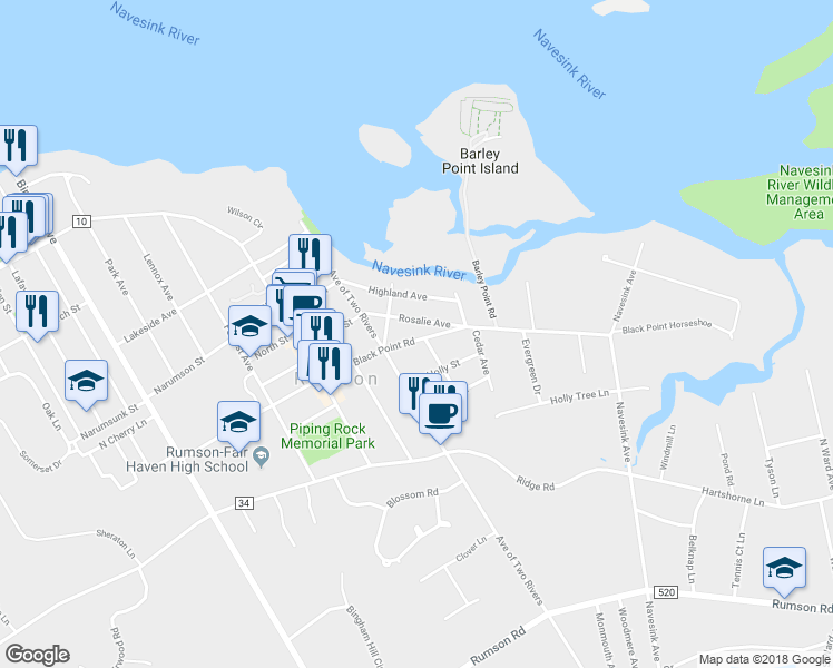 map of restaurants, bars, coffee shops, grocery stores, and more near 86 Black Point Road in Rumson
