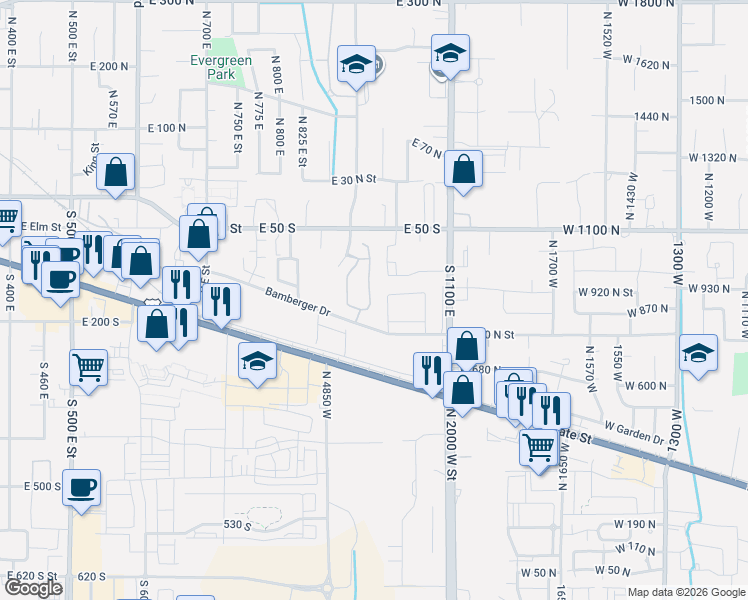 map of restaurants, bars, coffee shops, grocery stores, and more near 159 930 East in American Fork