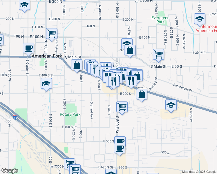 map of restaurants, bars, coffee shops, grocery stores, and more near 476 East State Street in American Fork