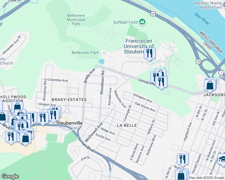 map of restaurants, bars, coffee shops, grocery stores, and more near 1507 Roosevelt Avenue in Steubenville