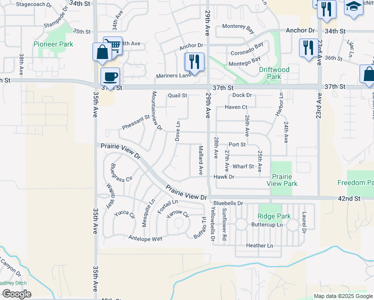 map of restaurants, bars, coffee shops, grocery stores, and more near 3915 Partridge Avenue in Evans