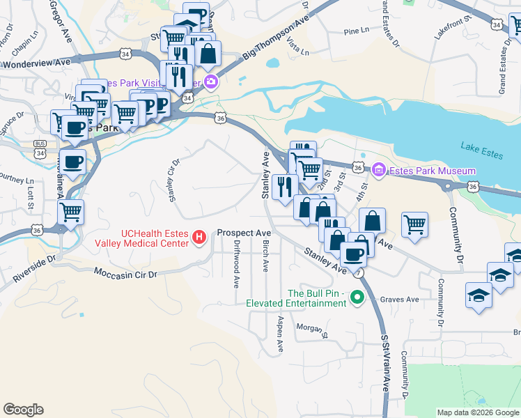 map of restaurants, bars, coffee shops, grocery stores, and more near 179 Stanley Circle Drive in Estes Park