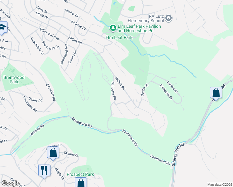 map of restaurants, bars, coffee shops, grocery stores, and more near 3735 Schuette Road in Pittsburgh
