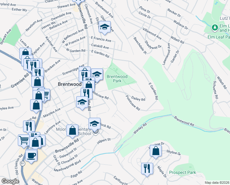 map of restaurants, bars, coffee shops, grocery stores, and more near 110 Dailey Road in Brentwood
