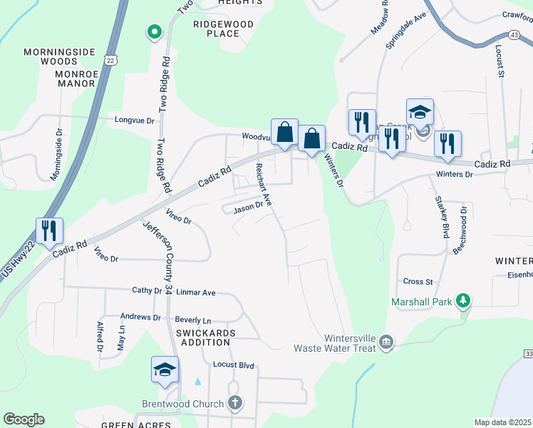 map of restaurants, bars, coffee shops, grocery stores, and more near 128 Reichart Avenue in Steubenville