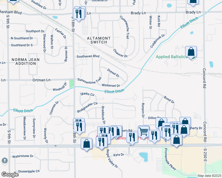 map of restaurants, bars, coffee shops, grocery stores, and more near 3459-3499 Plymouth Drive in Lafayette