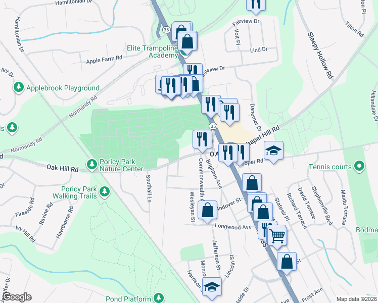 map of restaurants, bars, coffee shops, grocery stores, and more near 90 Oak Hill Road in Red Bank
