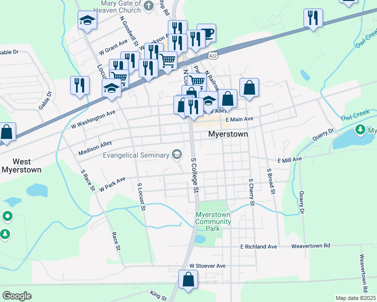 map of restaurants, bars, coffee shops, grocery stores, and more near 115 South College Street in Myerstown