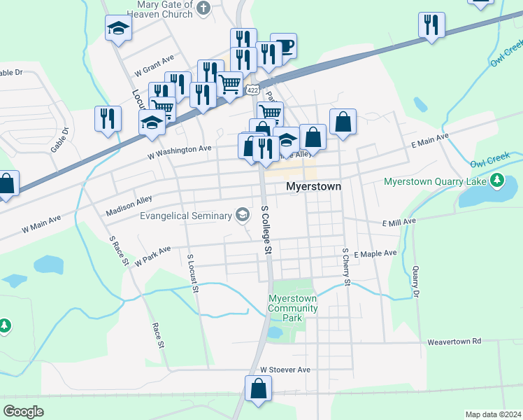map of restaurants, bars, coffee shops, grocery stores, and more near 115 South College Street in Myerstown