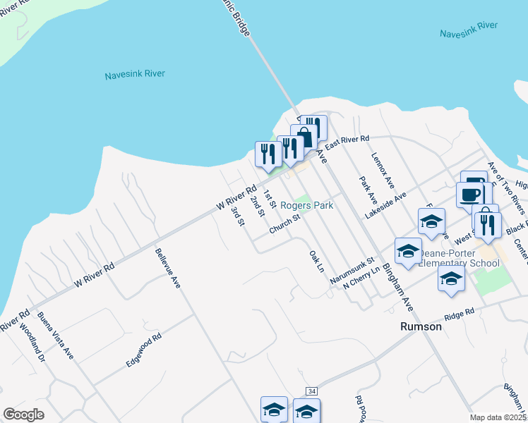 map of restaurants, bars, coffee shops, grocery stores, and more near 29 2nd Street in Rumson