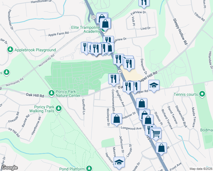 map of restaurants, bars, coffee shops, grocery stores, and more near 90 Oak Hill Road in Red Bank