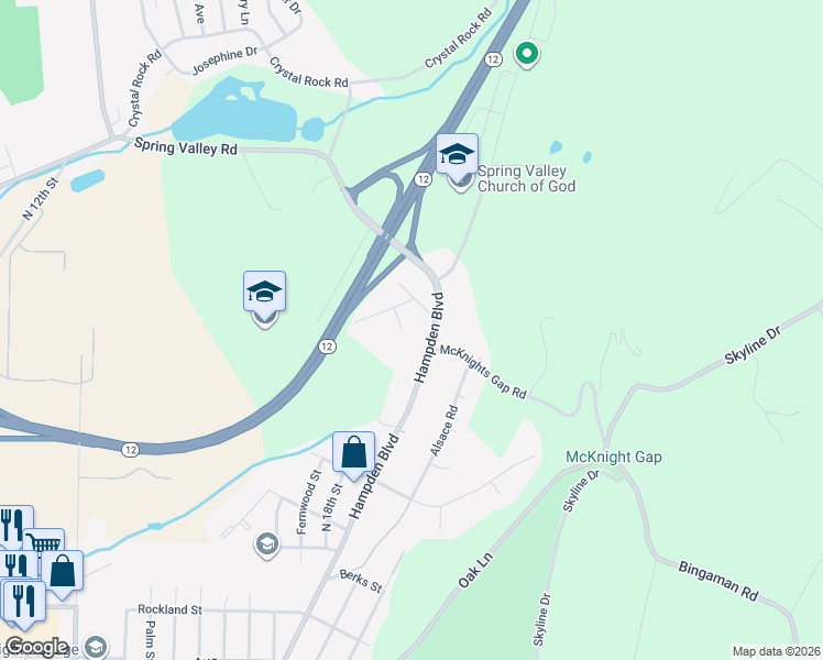 map of restaurants, bars, coffee shops, grocery stores, and more near 2620 Bilmar Road in Reading
