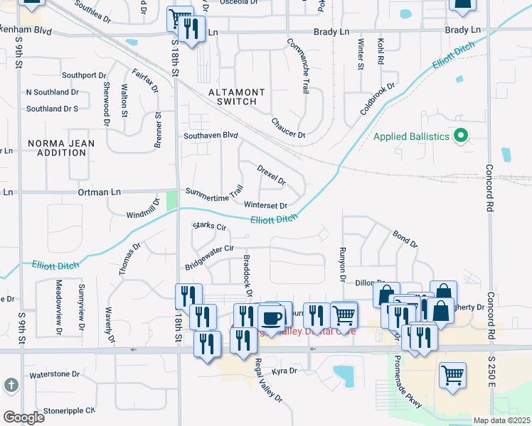 map of restaurants, bars, coffee shops, grocery stores, and more near 3459-3499 Plymouth Drive in Lafayette