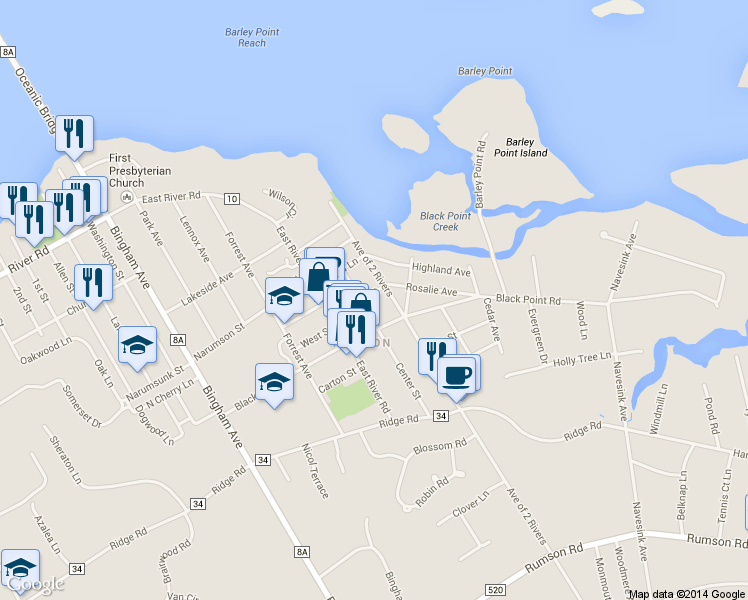 map of restaurants, bars, coffee shops, grocery stores, and more near 12 Parmly Street in Rumson