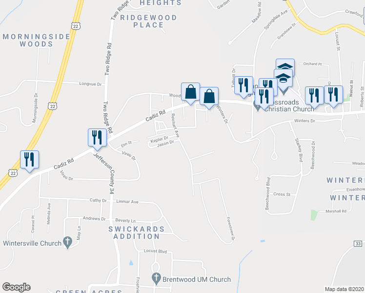 map of restaurants, bars, coffee shops, grocery stores, and more near 135 Reichart Avenue in Wintersville