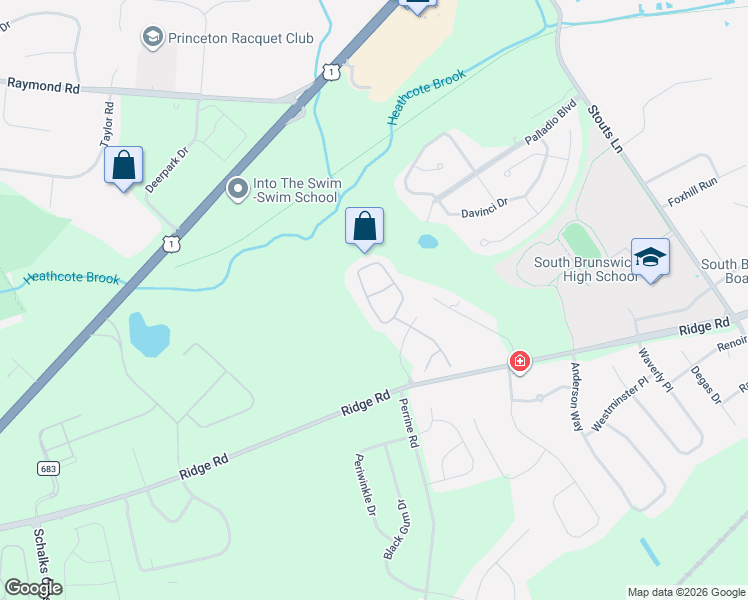 map of restaurants, bars, coffee shops, grocery stores, and more near 102 Harvest Lane in South Brunswick Township