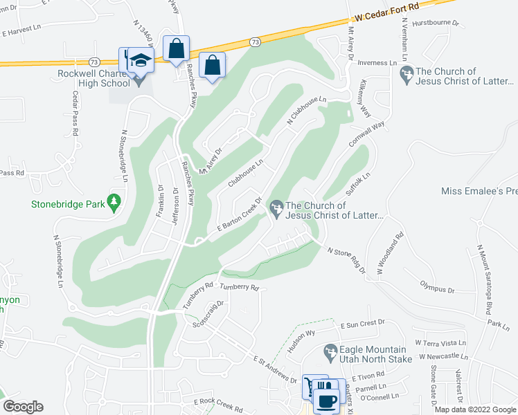 map of restaurants, bars, coffee shops, grocery stores, and more near 3858 East Barton Creek Drive in Eagle Mountain