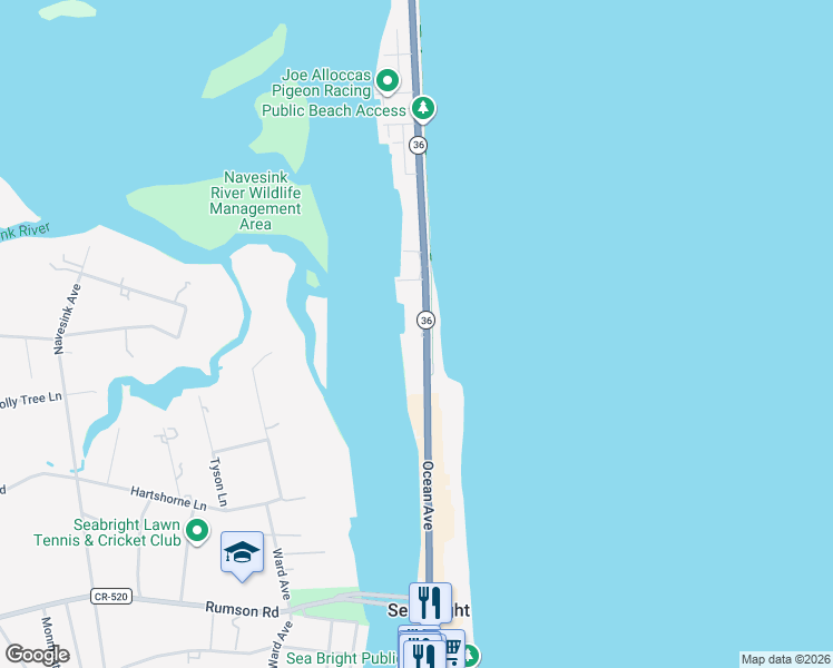 map of restaurants, bars, coffee shops, grocery stores, and more near 829 North Ocean Avenue in Sea Bright
