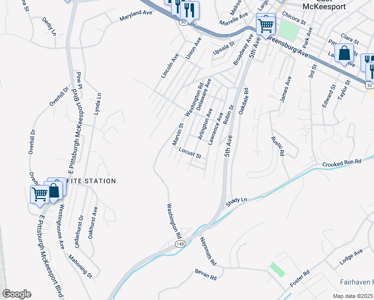 map of restaurants, bars, coffee shops, grocery stores, and more near 411 Delaware Avenue in North Versailles