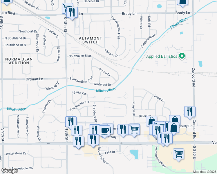 map of restaurants, bars, coffee shops, grocery stores, and more near 2326 Winterset Drive in Lafayette