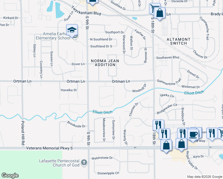 map of restaurants, bars, coffee shops, grocery stores, and more near 3591 Canterbury Drive in Lafayette
