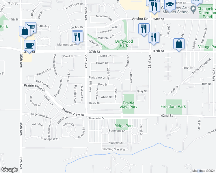 map of restaurants, bars, coffee shops, grocery stores, and more near 2600 Port Street in Evans