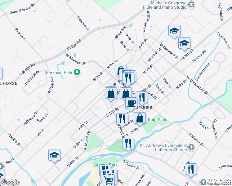 map of restaurants, bars, coffee shops, grocery stores, and more near 112 South 6th Street in Perkasie