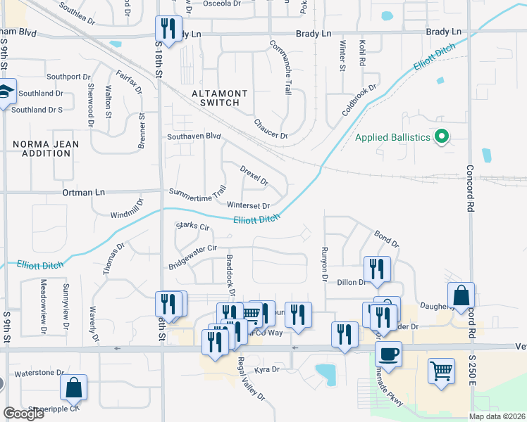 map of restaurants, bars, coffee shops, grocery stores, and more near 2326 Winterset Drive in Lafayette