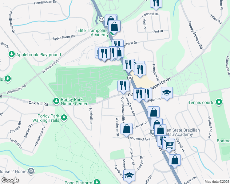 map of restaurants, bars, coffee shops, grocery stores, and more near 94 Oak Hill Road in Red Bank
