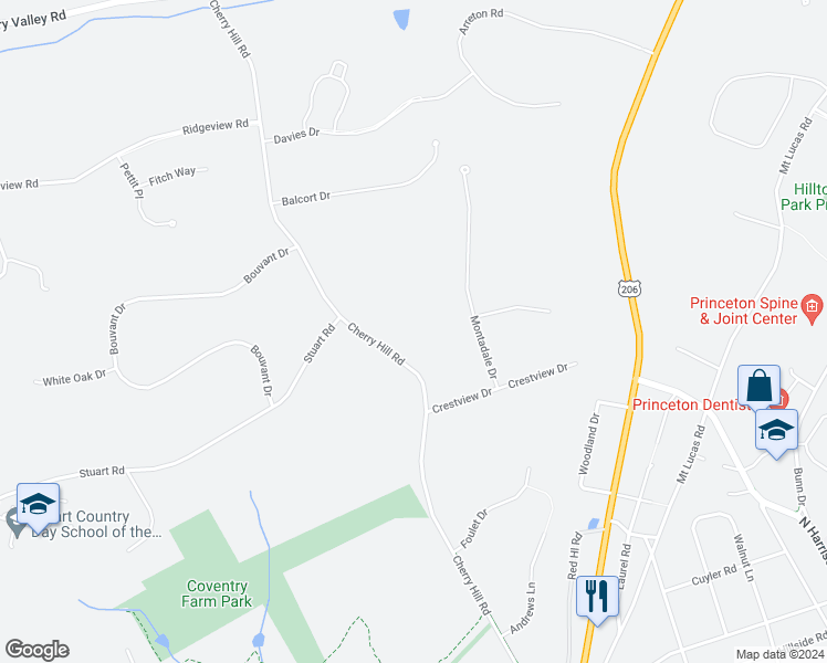 map of restaurants, bars, coffee shops, grocery stores, and more near 363 Cherry Hill Road in Princeton