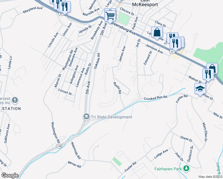map of restaurants, bars, coffee shops, grocery stores, and more near 407 Rustic Road in North Versailles