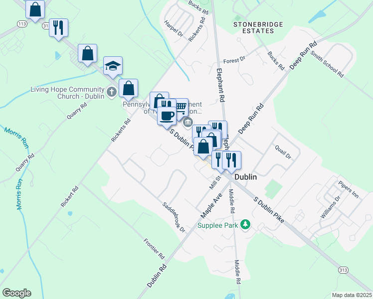 map of restaurants, bars, coffee shops, grocery stores, and more near 142 East Dublin Pike in Dublin