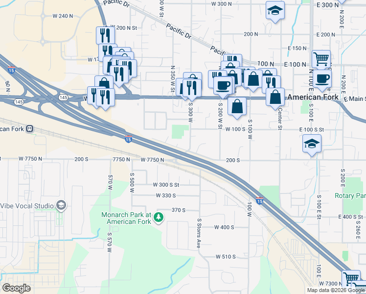 map of restaurants, bars, coffee shops, grocery stores, and more near 134 West 300 South Street in American Fork