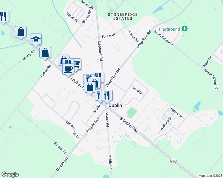 map of restaurants, bars, coffee shops, grocery stores, and more near 103 Deep Run Road in Dublin