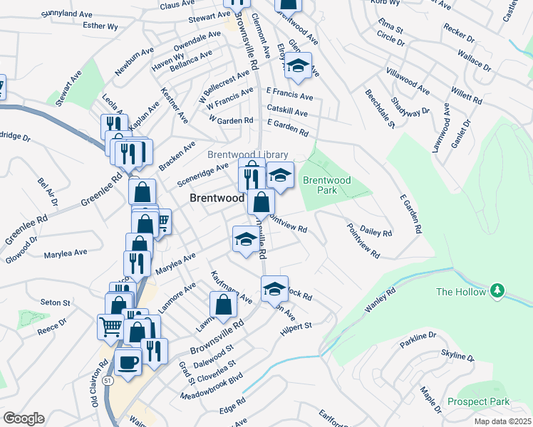 map of restaurants, bars, coffee shops, grocery stores, and more near 3528 Brownsville Road in Pittsburgh