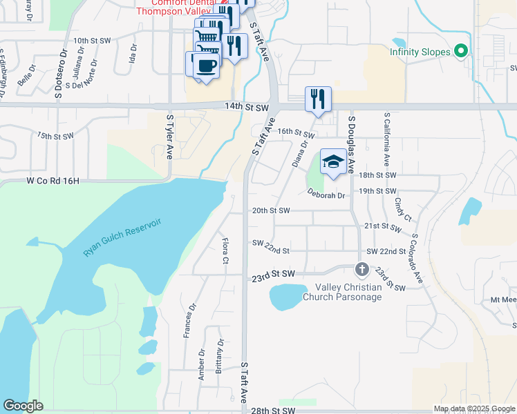 map of restaurants, bars, coffee shops, grocery stores, and more near 1211 20th Street Southwest in Loveland