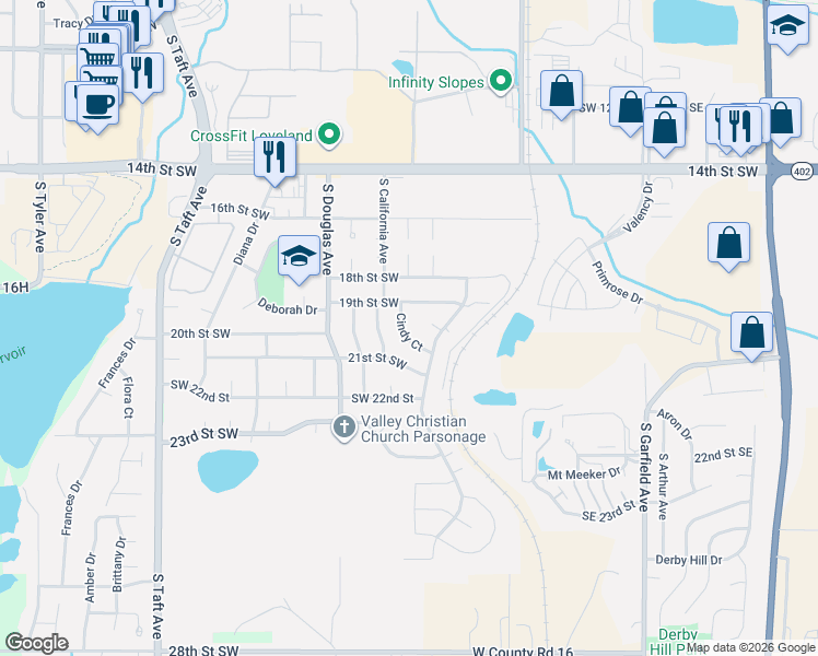 map of restaurants, bars, coffee shops, grocery stores, and more near 1942 Cindy Court in Loveland