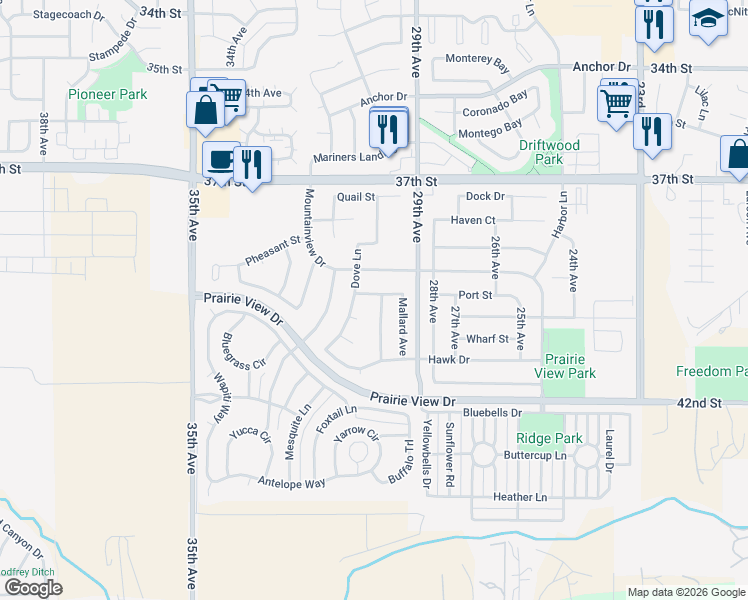 map of restaurants, bars, coffee shops, grocery stores, and more near 2927 Ptarmigan Drive in Evans