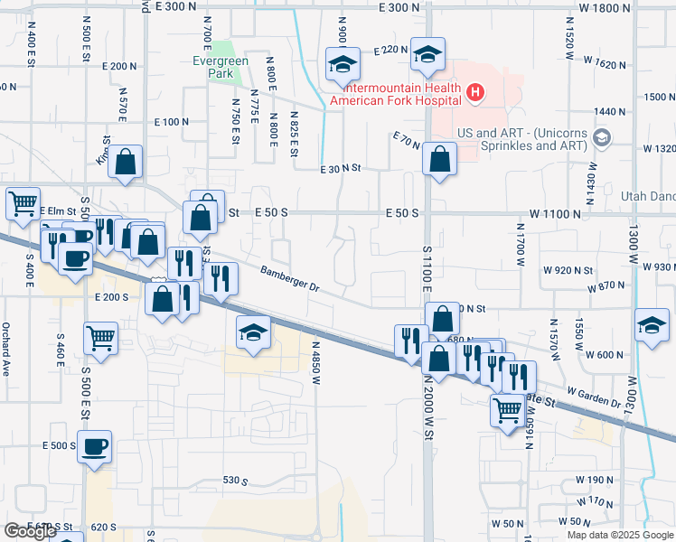 map of restaurants, bars, coffee shops, grocery stores, and more near 116 South 920 East in American Fork