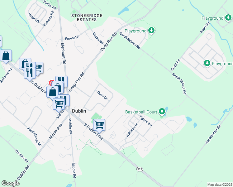 map of restaurants, bars, coffee shops, grocery stores, and more near 121 Olde Pilgrim Road in Dublin