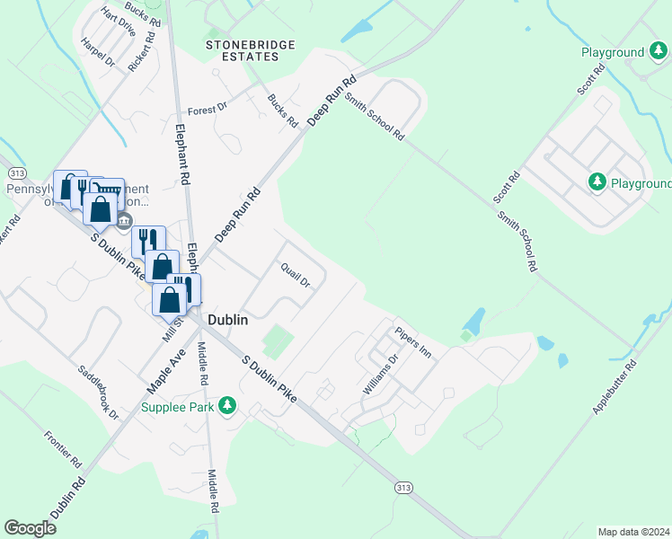 map of restaurants, bars, coffee shops, grocery stores, and more near 121 Olde Pilgrim Road in Dublin