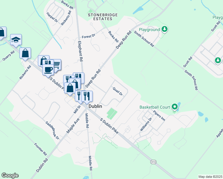 map of restaurants, bars, coffee shops, grocery stores, and more near 119 Village Green Lane in Dublin