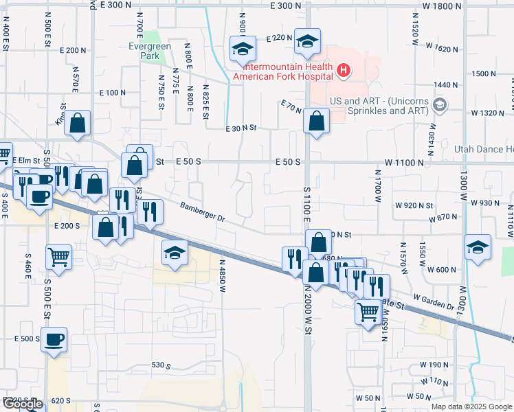 map of restaurants, bars, coffee shops, grocery stores, and more near 125 930 East in American Fork