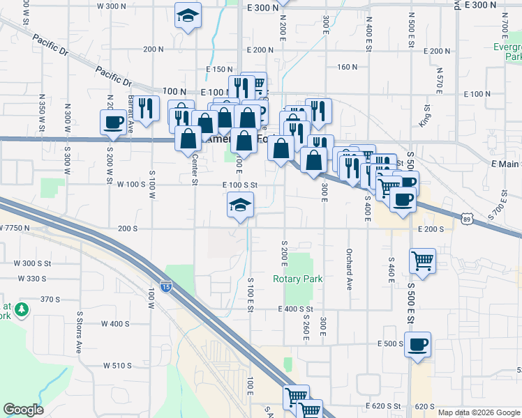 map of restaurants, bars, coffee shops, grocery stores, and more near 146 East 100 South Street in American Fork